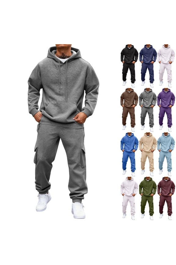 Gray Sweat Suits Men Gym Mens Track Suits 2 Piece Set Casual Winter Hooded Sweatshirt and Cargo Sweatpant Sherpa Lined Sportswear Tracksuits with Pockets, Gray L
