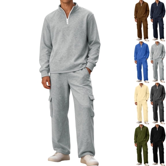 Zimjoy Gray Sweat Suits Men Workout Mens Track Suits 2 Piece Set Casual Full Zip Up Sweatshirt and Cargo Pants Set Spring Autumn Jogging Suits Sets with Pockets, Light Gray 2XL