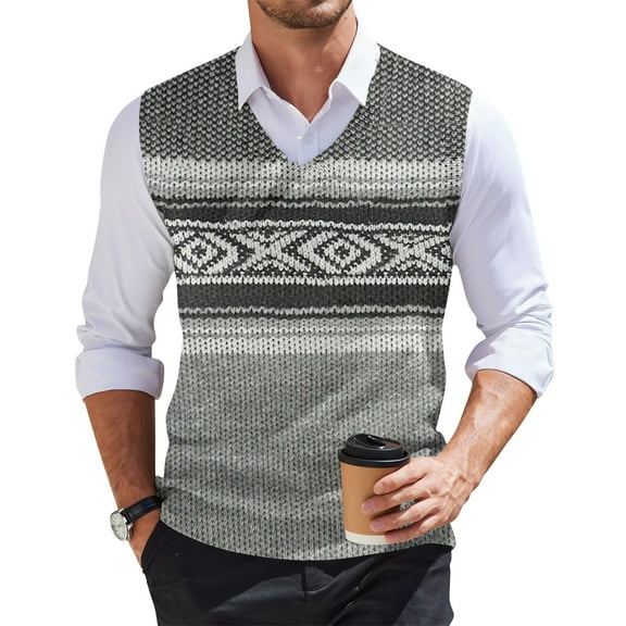 Zimjoy Gray Sweater Vest for Men Casual V-Neck Fair Isle Knit Sweater Vest Big and Tall Sleeveless Sweater for Men Western Boho Spring Sweater Vests, Gray L