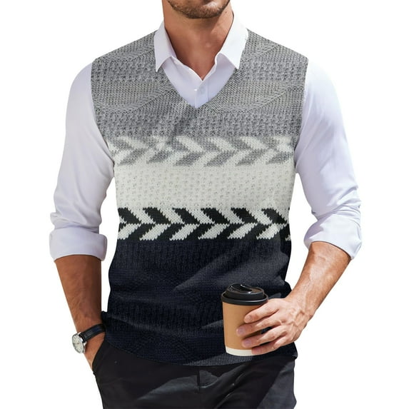 Zimjoy Gray Sweater Vest for Men Casual V-Neck Fair Isle Knitted Sweater Vest Big and Tall Sleeveless Men Sweater Western Boho Spring Sweater Vests, Light Gray L