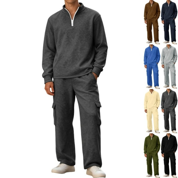 Zimjoy Gray Sweatsuits for Men Set Gym Track Suits Mens Casual Full Zip Up Sweatshirt and Cargo Pant Spring Fall Jogging Suit with Pockets, Dark Gray L