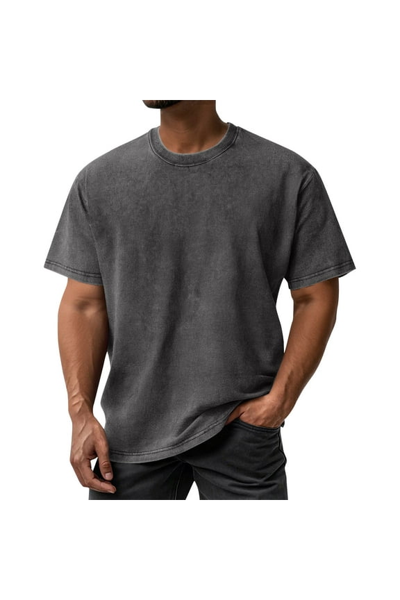 Gray Tshirt Men Casual Washed Cotton T Shirts for Men Loose Fit Short Sleeve Oversized Tshirts for Men Crew Neck Fashion Men's Clothing, Dark Gray L