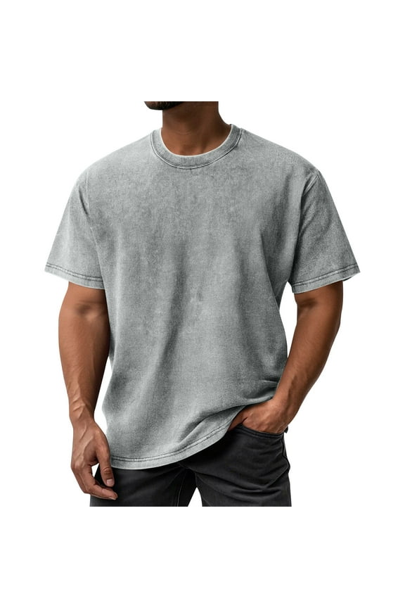 Gray Tshirt Men Casual Washed Cotton T Shirts for Men Loose Fit Short Sleeve Oversized Tshirts for Men Crewneck Fashion Fashion Clothing, Light Gray L