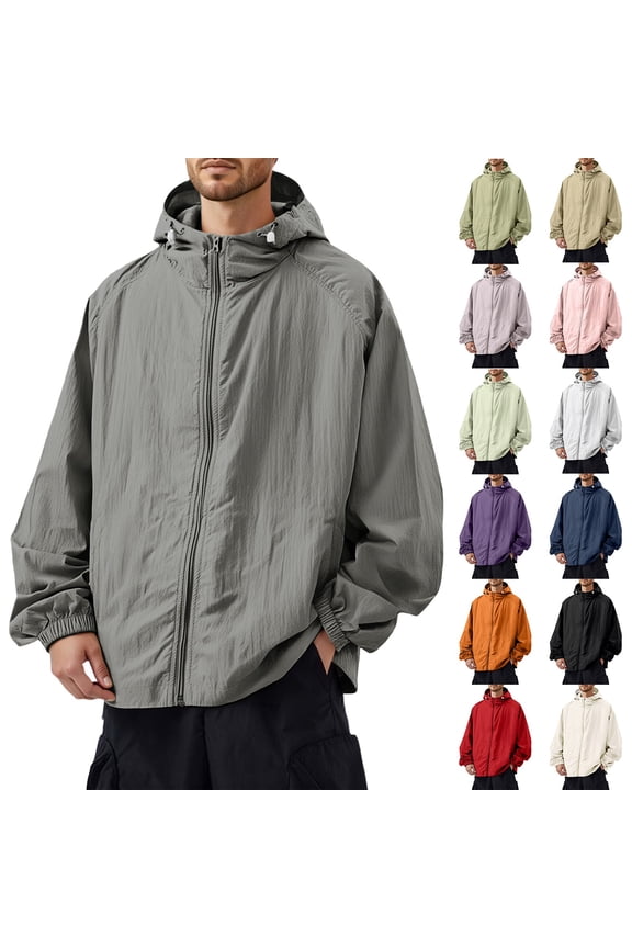 Gray Windbreaker Men Athletic Big and Tall UV Protection Jackets Lightweight Hooded Windbreaker Jacket with Pocket Golf Running Coat, Dark Gray M