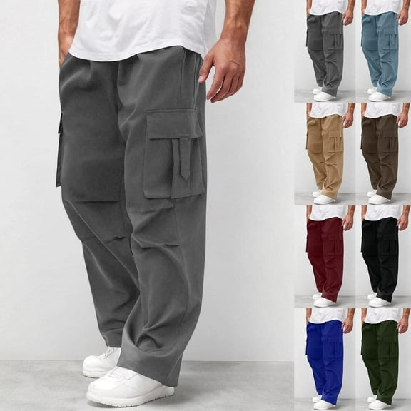 Zimjoy Gray Work Pants for Men Athletic Light Elastic Pant Big and Tall Drawstring Sports Pants with Multi-Pockets Cool Cotton Soft Hiking Pants Men, Dark Gray L