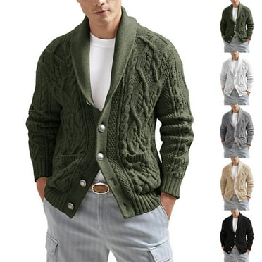Zimjoy Green Cardigan Sweaters for Men Button Up Cable Knit Sweater Long Sleeve Shawl Collar Ugly Sweater Loose Fit Casual Mens Cardigan Fall Winter Coat with Pockets, Army Green XL
