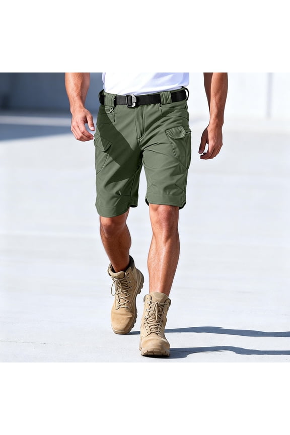 Green Cargo Shorts for Men Velcro Tabs Ripstop Knee-Length Shorts Hiking Elastic Back Waist Multi Pocket Waterproof Workwear, Army Green 5XL