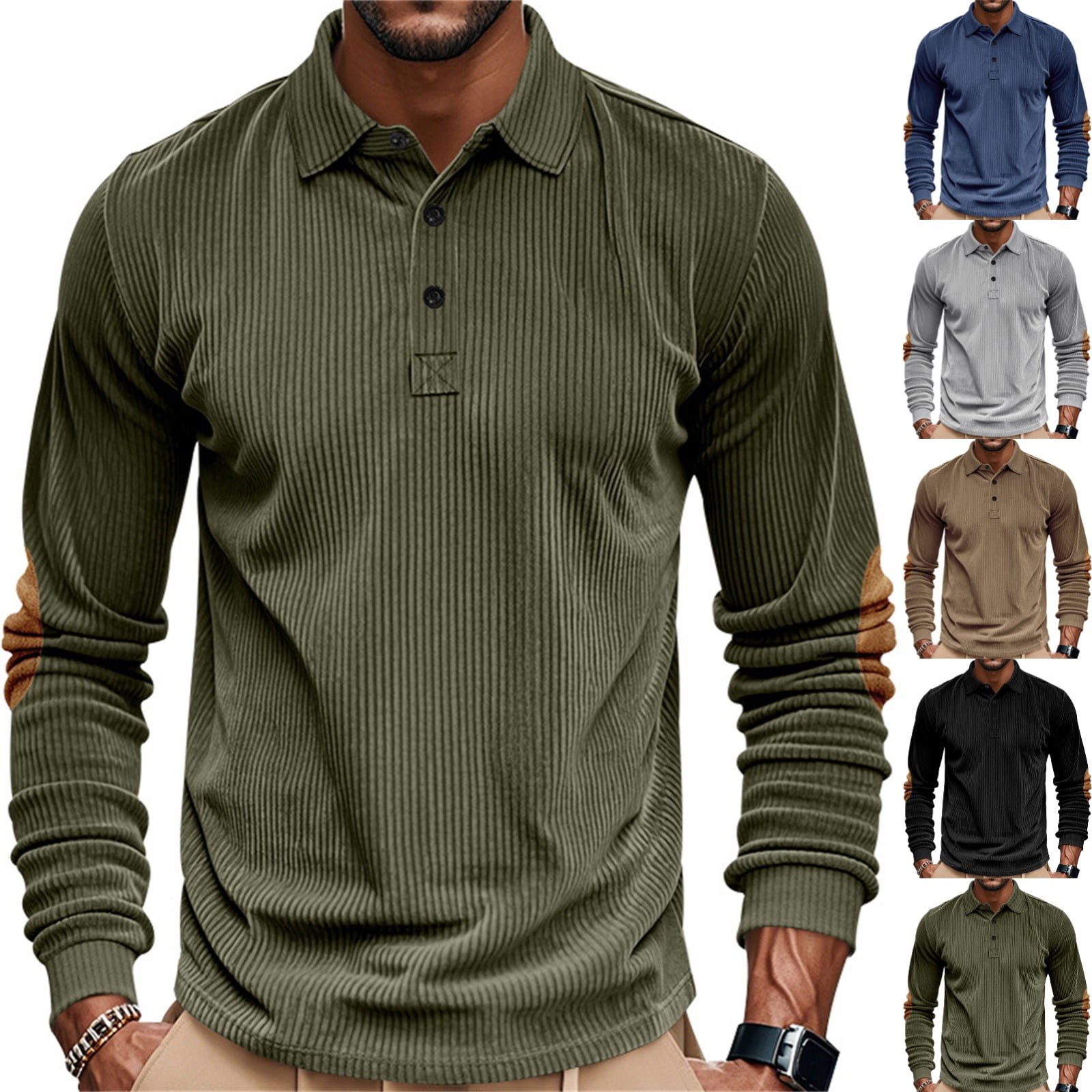 Zimjoy Green Golf Shirts for Men Cotton Long Sleeve Ribbed Regular Fit ...