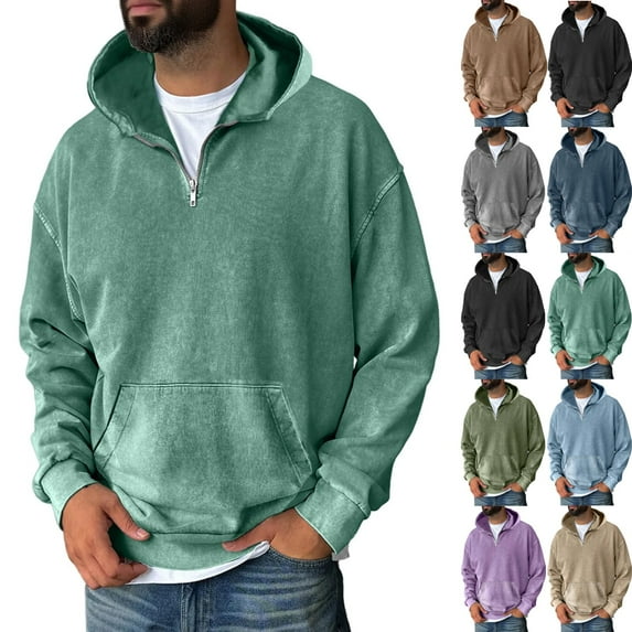 Zimjoy Green Hoodie Men Casual Long Sleeve Quarter Zip Pullover Men Drop Shoulder Vintage Distressed Acid Wash Sweatshirt Fall Lightweight Hooded Sweatshirt with Pockets, Mint Green 2XL