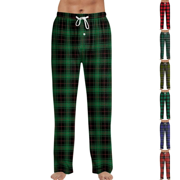 Zimjoy Green Pj Pants for Men Comfy Elastic Waist Plaid Sleep Pant Casual Drawstring Warm Flannel Pajama Pants Soft Loose Sleep Bottom Christmas Pajama Bottoms with Pockets, Green L