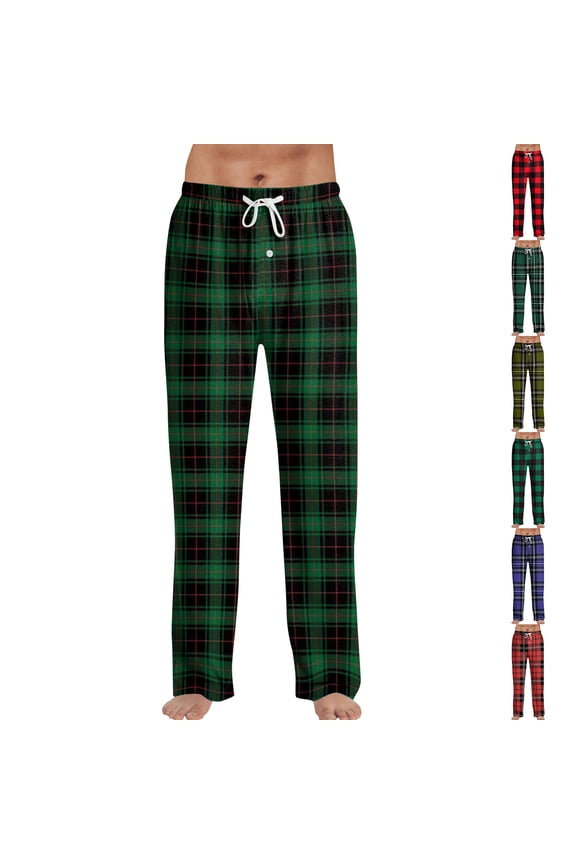 Green Pj Pants for Men Comfy Elastic Waist Plaid Sleep Pant Casual Drawstring Warm Flannel Pajama Pants Soft Loose Sleep Bottom Christmas Pajama Bottoms with Pockets, Green L