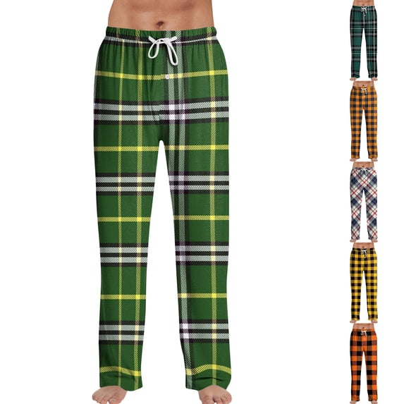 Zimjoy Green Plaid Sleep Pant for Men Elastic Waist Lounge Fleece Pajama Pants Lightweight Drawstring Comfy Pj Pants Casual Warm Sleepwear Sleep Bottom with Pockets, Dark Green S