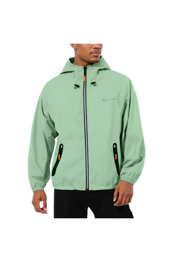 Green Windbreaker Men Lightweight Water Resistant Full Zip Jackets Outdoor Plus Size Hooded Rain Coat with Zipper Pocket Golf Running Clothing, Mint Green M