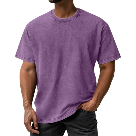 Zimjoy Heavyweight T Shirts for Men Casual Crew Neck Mens Purple Tshirt Vintage Mens Washed Cotton T Shirts Loose Fit Short Sleeve Fashion Clothing, Light Purple S