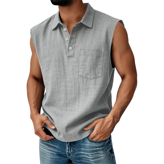 Zimjoy Henley Tank Tops Mens Relaxed Fit Soft Cotton Linen Sleeveless Tank Polo Shirts Lightweight Breathable Collared Vests Dark Gray 4XL