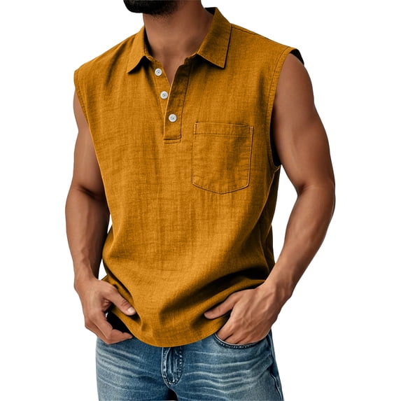 Zimjoy Henley Tank Tops Mens Relaxed Fit Soft Cotton Linen Sleeveless Tank Polo Shirts Lightweight Breathable Collared Vests Ginger 4XL