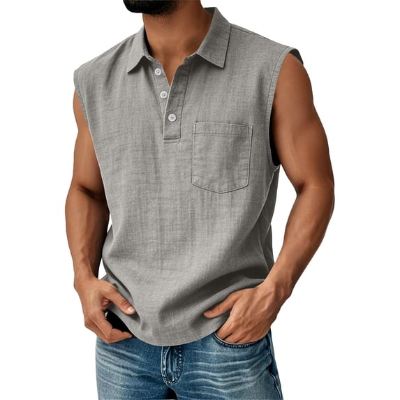 Zimjoy Henley Tank Tops Mens Relaxed Fit Soft Cotton Linen Sleeveless Tank Polo Shirts Lightweight Breathable Collared Vests Light Gray L