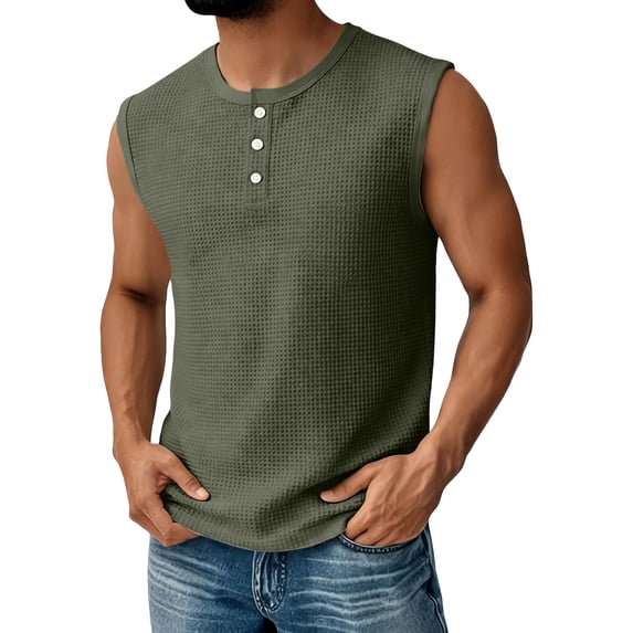 Zimjoy Henley Tank Tops for Men Waffle 3-Button Sleeveless T Shirts Workout Muscle Hippie Tank Tops Summer Beach Army Green L
