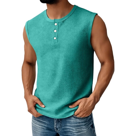 Zimjoy Henley Tank Tops for Men Waffle 3-Button Sleeveless T Shirts Workout Muscle Hippie Tank Tops Summer Beach Turquoise S