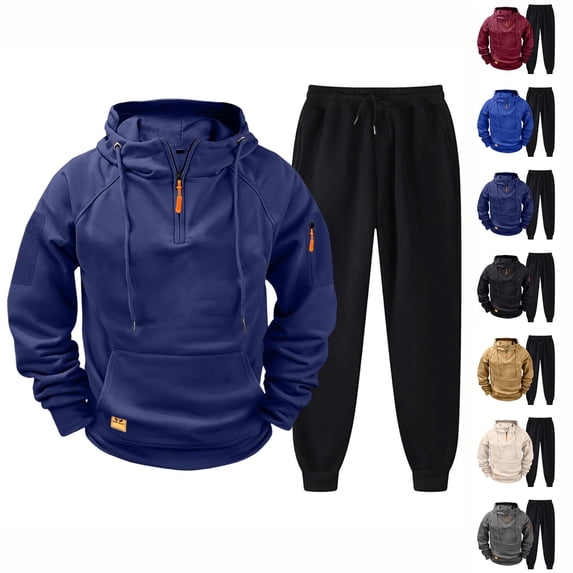 Zimjoy Hoodie Sweatpants Set Men, 1/4 Zip Hooded Sweatshirt with Arm Zipper Pocket & Black Drawstring Tapered Pants, Casual Tactical Athletic Sweatsuit for Outdoor Gym Daily Wear Navy L