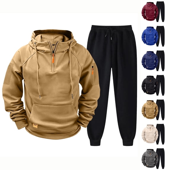 Zimjoy Hoodie Sweatpants Set Men, 1/4 Zip Hooded Sweatshirt with Arm Zipper Pocket & Black Drawstring Tapered Pants, Casual Tactical Athletic Sweatsuit for Outdoor Gym Daily Wear Earthy Yellow M