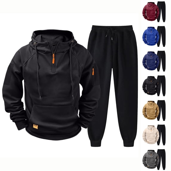 Zimjoy Hoodie Sweatpants Set Men, 1/4 Zip Hooded Sweatshirt with Arm Zipper Pocket & Black Drawstring Tapered Pants, Casual Tactical Athletic Sweatsuit for Outdoor Gym Daily Wear Black S