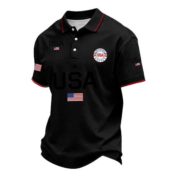 Zimjoy Independence Day 4th of July Shirts for Men Short Sleeve Henley Button Polo Tshirts Collared Patriotic T-Shirts for Independence Day, Black L
