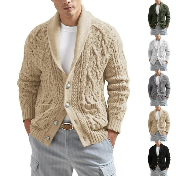 Zimjoy Khaki Cardigan Sweaters for Men Button Down Cable Knit Sweater Long Sleeve Shawl Collar Ugly Sweater Loose Fit Casual Cardigan Men Fall Winter Coat with Pockets, Khaki L