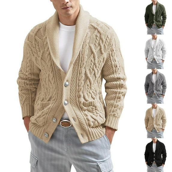 Zimjoy Khaki Cardigan Sweaters for Men Long Sleeve Button Down Mens Sweater Shawl Collar Cable Knit Sweater Loose Fit Casual Fall Winter Coat Cardigan Men with Pockets, Khaki 2XL
