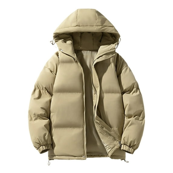 Zimjoy Khaki Winter Jackets for Men Thick Warm Mens Puffer Jacket with Hood Big and Tall Lightweight Down Coat Outdoor Hooded Jacket, Beige L