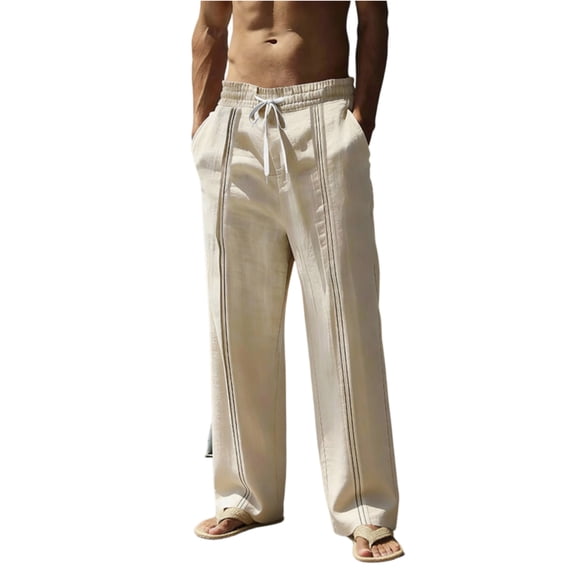 Zimjoy Linen Pants Men Loose Fit Elastic Waist Drawstring Lightweight Summer Beach Vacation Trousers, Khaki M