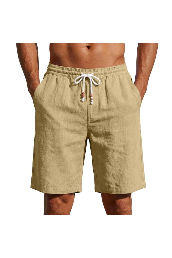 Linen Shorts for Men Casual Elastic Waist Bead Drawstring Bermuda Summer Cotton Beach Vacation Lounge Shorts Khaki L