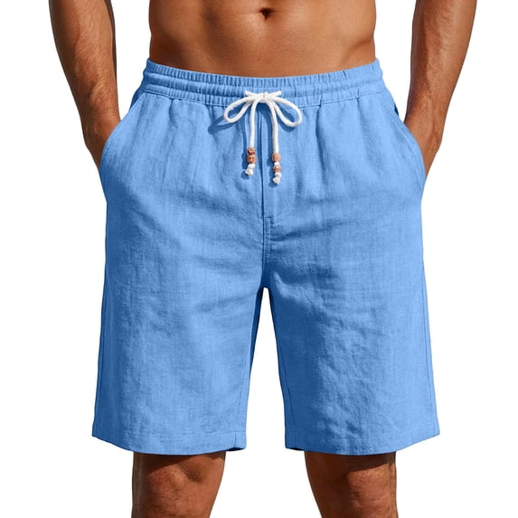 Zimjoy Linen Shorts for Men Casual Elastic Waist Bead Drawstring Bermuda Summer Cotton Beach Vacation Lounge Shorts Light Blue XL