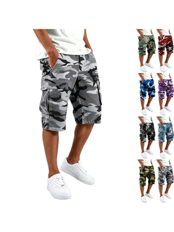 Long Cargo Bermuda Shorts for Men Camo Below Knee Elastic Waist Drawstring Work Hiking Shorts with Pockets, Gray L