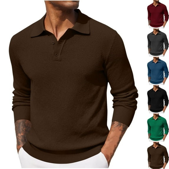 Zimjoy Long Sleeve Button Up Shirts for Men Casual V Neck Knit Polo Shirts Henley Turn Down Collar Pullover Sweater Lightweight Rugby Shirt, Coffee L