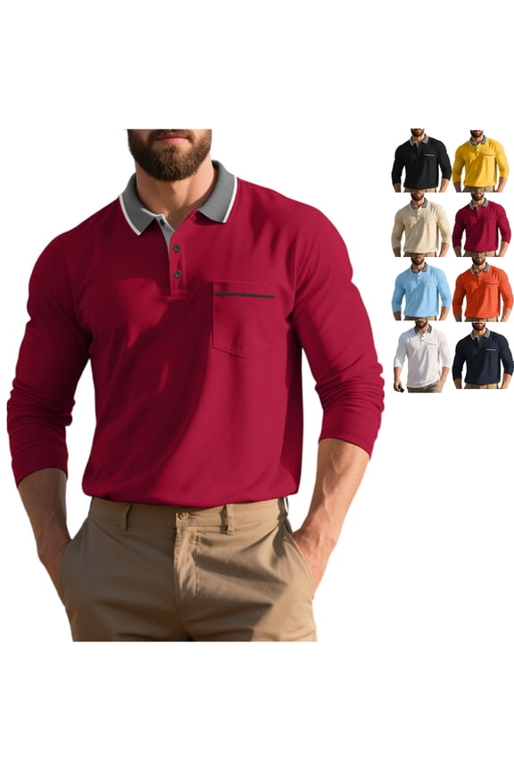 Long Sleeve Polo Shirts for Men Breathable Casual Performance Collared Shirt Henley Big and Tall Golf Shirts Button Up Lightweight Spring Collared Polo Shirt with Pocket, Wine 3XL