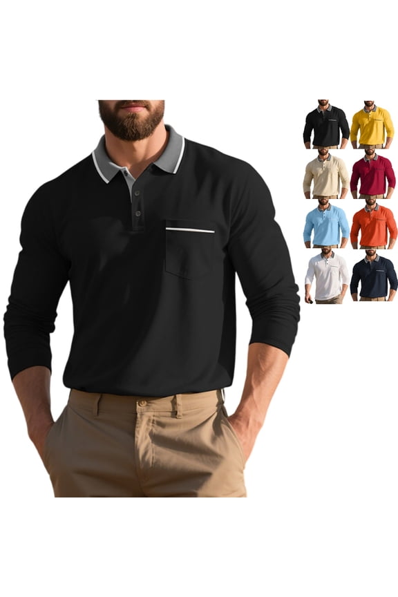 Long Sleeve Polo Shirts for Men Casual Quick-Dry Collared Shirt Big and Tall Henley Golf Shirts Lightweight Button Down Fall Classic Collared Golf Shirt with Pocket, Black S