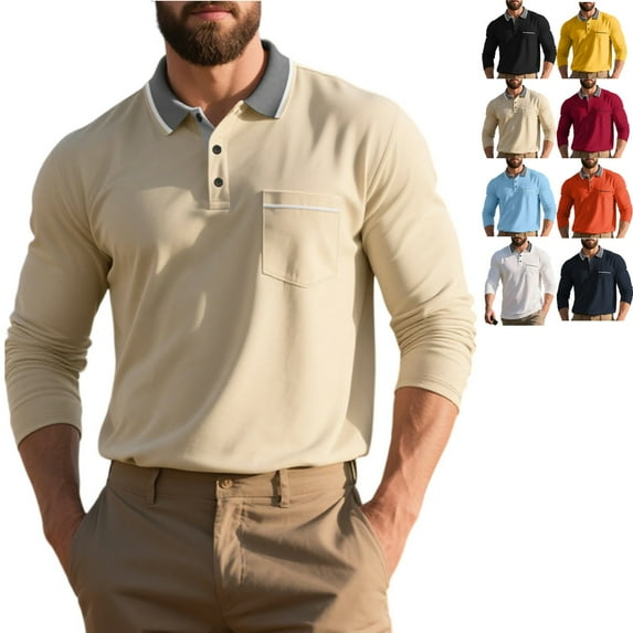 Zimjoy Long Sleeve Polo Shirts for Men Casual Quick-Dry Collared Shirt Big and Tall Henley Shirts Lightweight Button Collared Shirt with Pocket, Khaki L