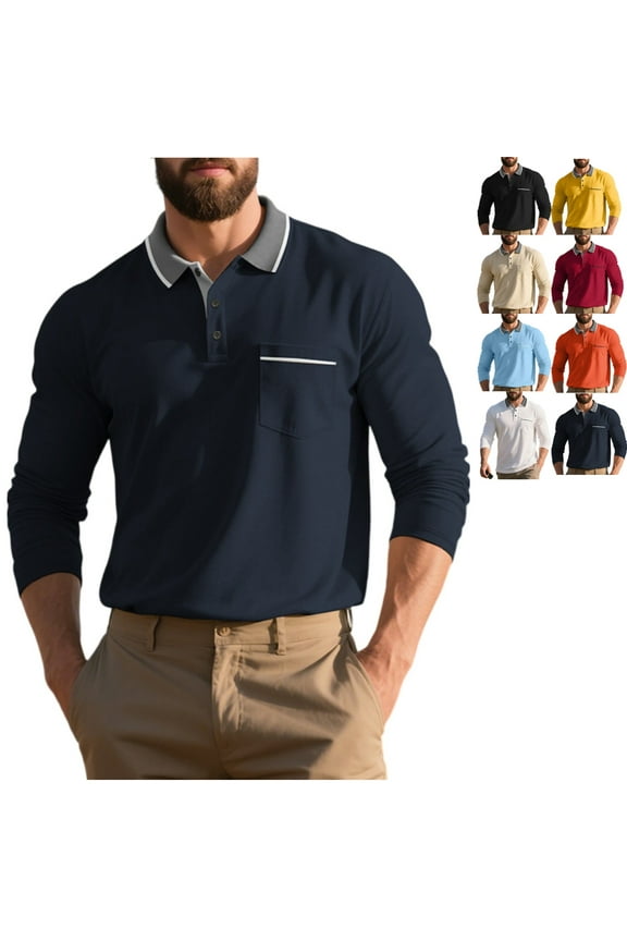 Long Sleeve Polo Shirts for Men Casual Quick-Dry Performance Collared Shirt Big and Tall Henley Polo Shirts Lightweight Button Down Spring Collared Polo Shirt with Pocket, Navy S