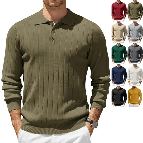 Zimjoy Long Sleeve Polo Shirts for Men Henley Neck Big and Tall Classic Shirt Casual Button Down Golf Shirts Ribbed Loose Fit Knit Shirt, Army Green L