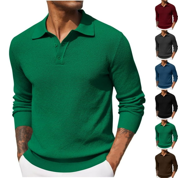 Zimjoy Long Sleeve Polo Shirts for Men Casual Collared Polo Shirts Knit Button Up Henley Knit Sweater V Neck Lightweight Rugby Shirt, Green L