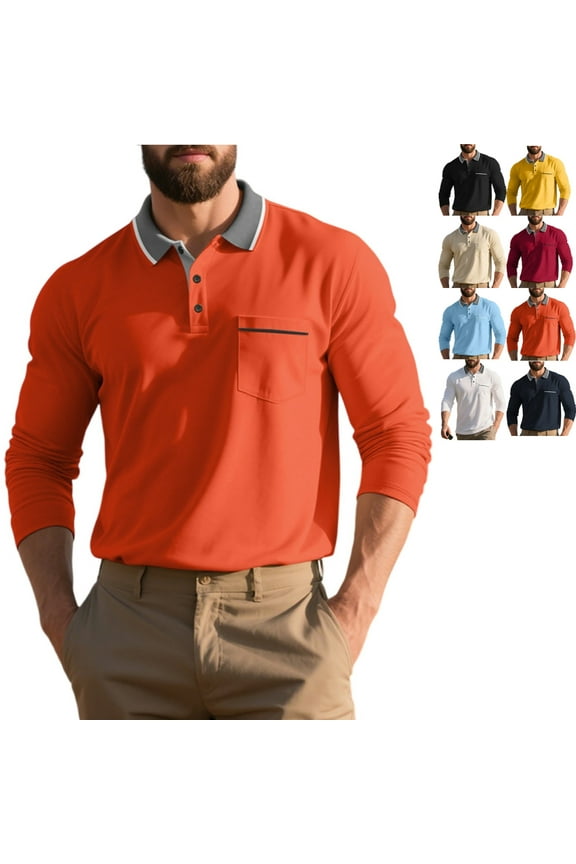 Long Sleeve Shirts for Men Casual Quick-Dry Collared Shirt Big and Tall Henley Golf Shirts Lightweight Button Up Spring Collared Polo Shirt with Pocket, Orange 2XL
