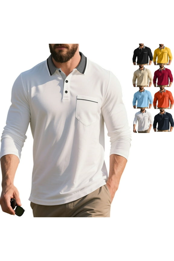Long Sleeve Shirts for Men Casual Quick Dry Performance Collared Shirt Big and Tall Henley Polo Shirts Lightweight Button Down Fall Classic Collared Golf Shirt with Pocket, White L