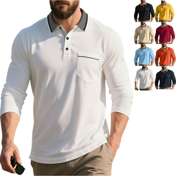 Zimjoy Long Sleeve Shirts for Men Casual Quick Dry Performance Collared Shirt Big and Tall Henley Polo Shirts Lightweight Button Down Fall Classic Collared Golf Shirt with Pocket, White L