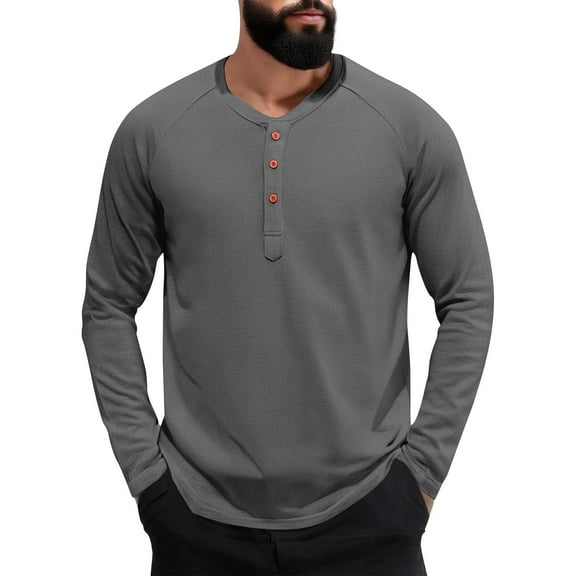 Zimjoy Long Sleeve Shirts for Men Crewneck Henley Button Down Tops Casual Regular Fit Outfits Fall Lightweight Men Clothing, Gray M