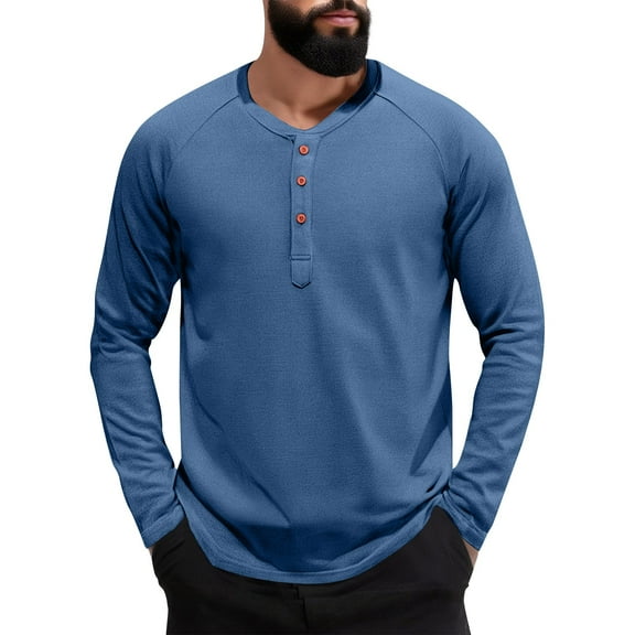 Zimjoy Long Sleeve T Shirt Men Casual Button Down Henley Shirts Slim Fit Crewneck Clothes Lightweight Fall Mens Clothes, Blue L