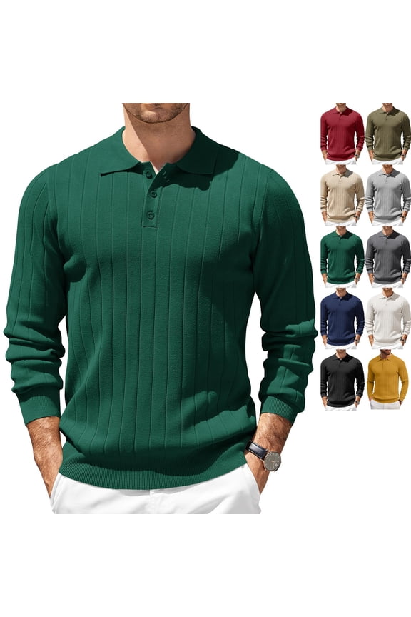 Long Sleeve T Shirts for Men Henley Neck Big and Tall Classic Shirt Fashion Button Up Polo Sweater Ribbed Loose Fit Collared Shirt, Green L