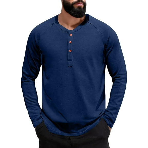 Zimjoy Long Sleeve Tops for Men Casual Slim Fit Henley Clothes Crewneck Button Up Shirts Lightweight Spring Men Clothing, Blue M