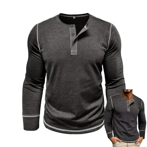 Zimjoy Long Sleeve Tops for Men Crewneck Henley Button Down Tops Casual Regular Fit Clothes Stitching Fall Lightweight Ropa De Hombre, Dark Gray L