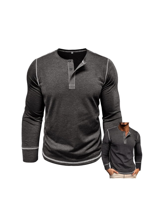 Long Sleeve Tops for Men Crewneck Henley Button Down Tops Casual Regular Fit Clothes Stitching Fall Lightweight Ropa De Hombre, Dark Gray L